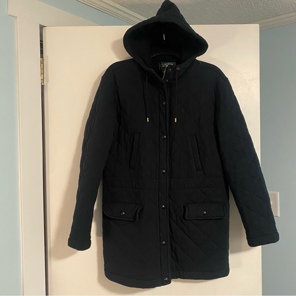 Lauren Ralph Lauren LRL Women's Navy Blue Quilted Long Coat Jacket Sz LP Preppy